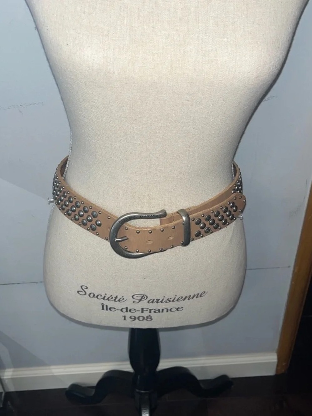 Tan Studded Leather Waist Belt with Metal Buckle - Women Accessories